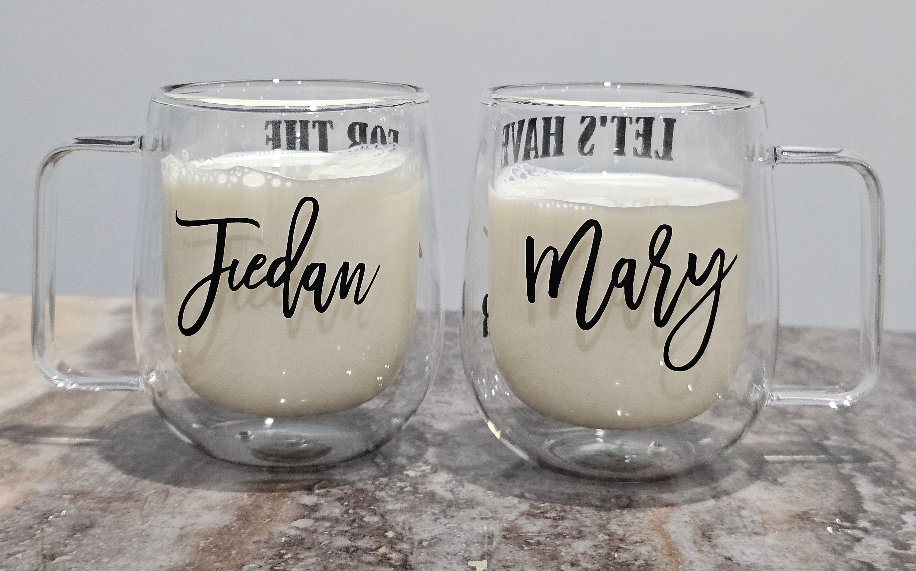 Personalized Double Wall Glass Coffee Mugs - Custom Couple Set