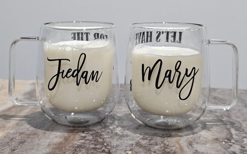 Personalized Double Wall Glass Coffee Mugs - Custom Couple Set