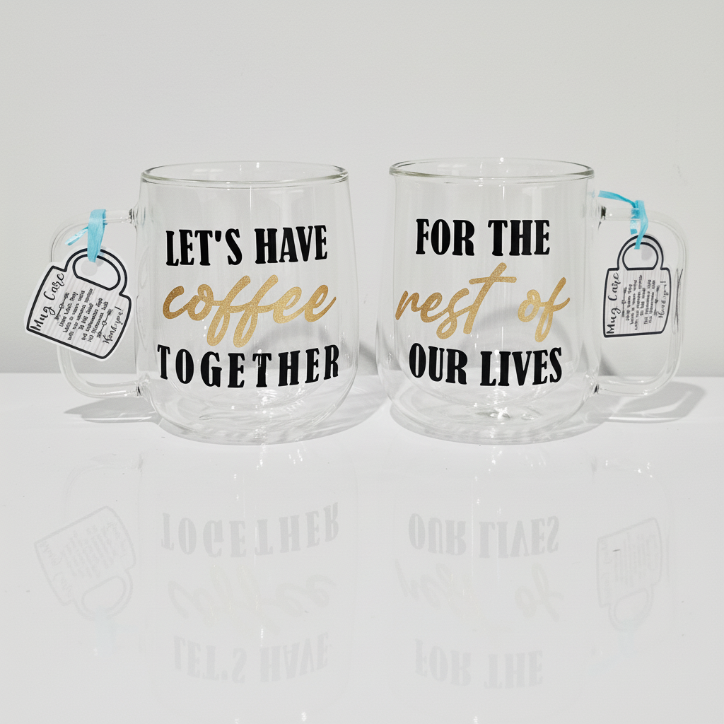 Personalized Double Wall Glass Coffee Mugs - Custom Couple Set