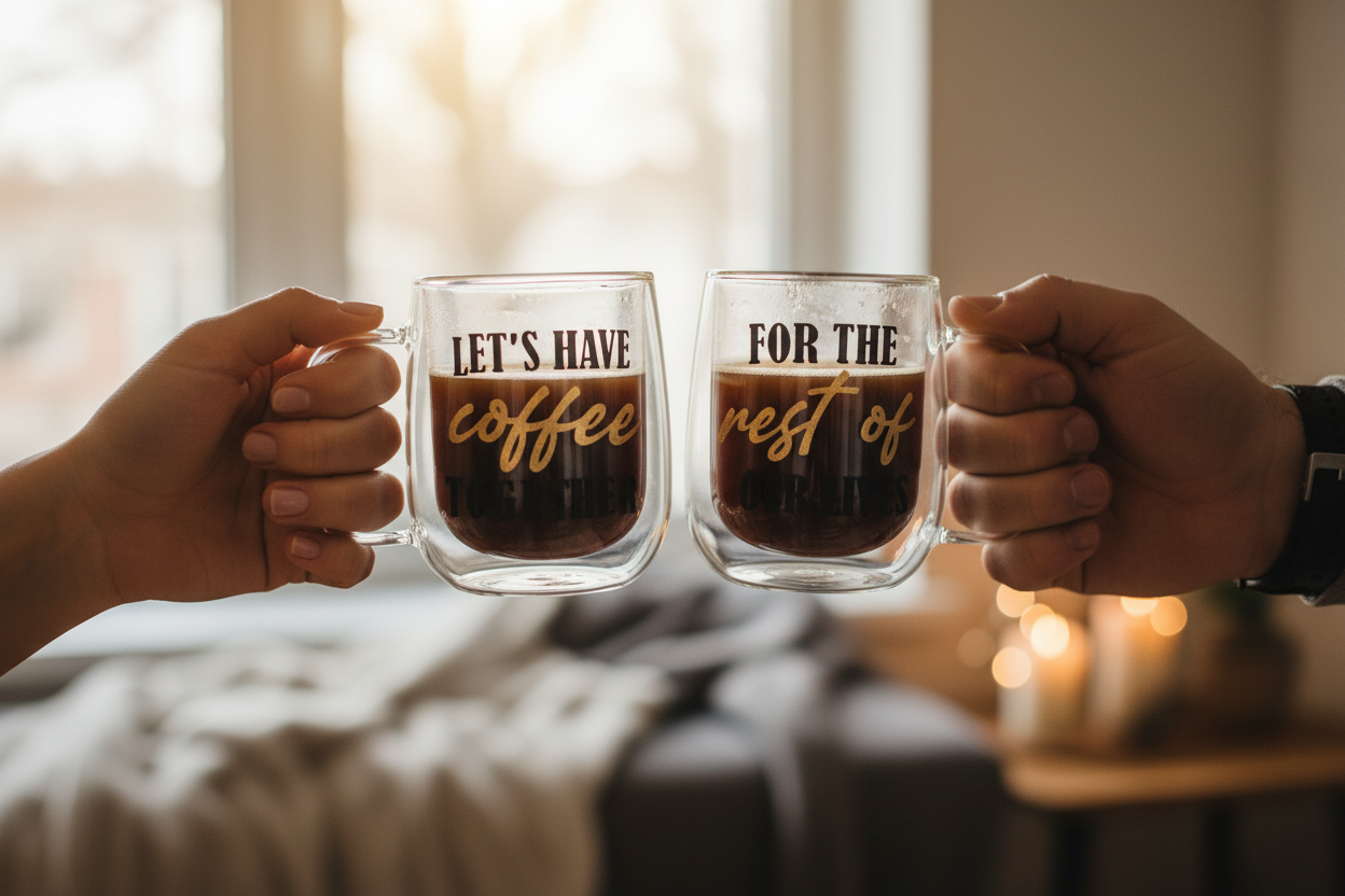 Personalized Double Wall Glass Coffee Mugs - Custom Couple Set