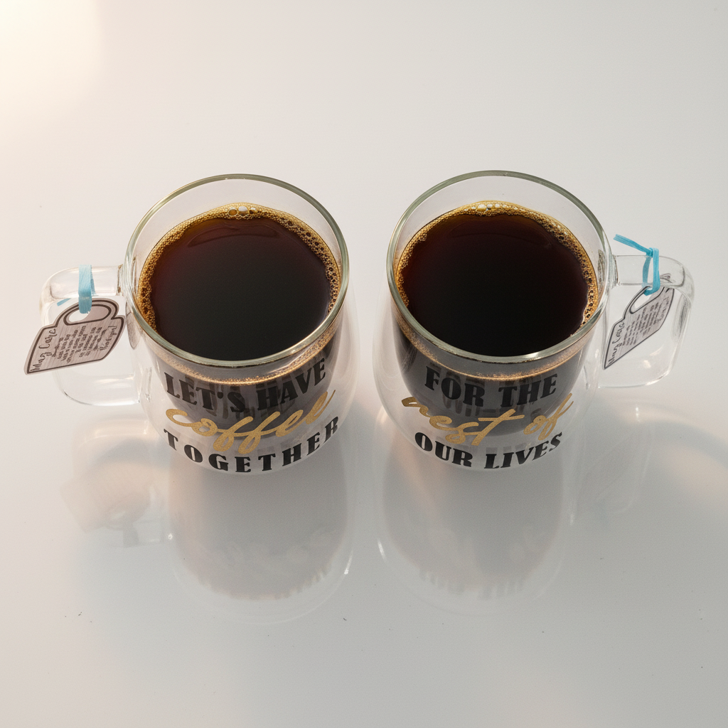 Personalized Double Wall Glass Coffee Mugs - Custom Couple Set
